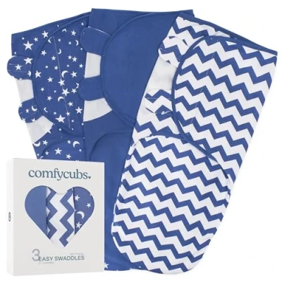Afbeelding van Comfy Cubs Set van 3 verstelbare inbakerdekens voor baby&#039;s 0 maanden, essentieel pasgeborenen, 100% ademend katoen, babyjongens en meisjes, donkerblauw, maat S/M