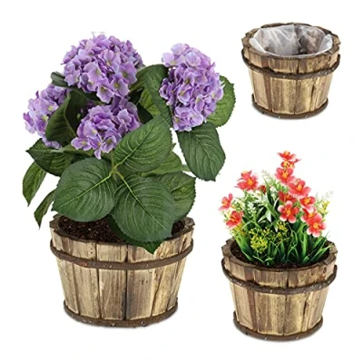 Afbeelding van Relaxdays Set van 3 houten plantenbakken gevlamd kastanjehout met folie, verschillende maten, bruin