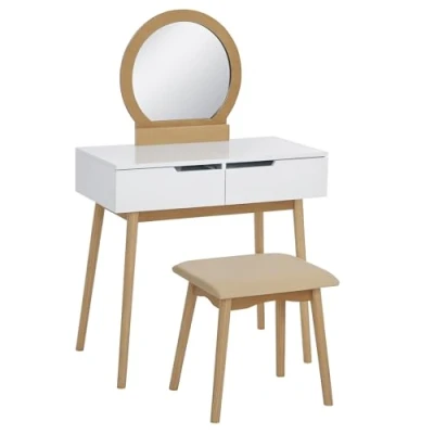 Afbeelding van HOMCOM make uptafel Scandinavisch design, met spiegel, 2 laden en kruk, licht grenen wit