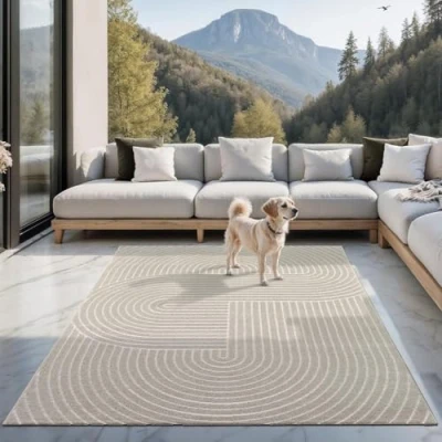 Afbeelding van the carpet Santo Plus moderne vloerkleed hoogwaardig tapijt voor woonkamer en slaapkamer, Boho design, Beige, 240 x 340 cm