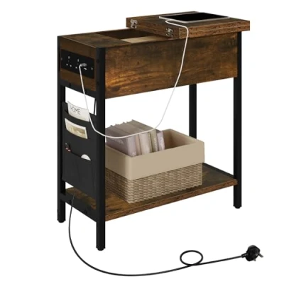 Afbeelding van EUGAD Bijzettafel met laadstation, nachtkastje oplaadfunctie, salontafel, salontafel opbergruimte, kleine tafel, USB poort, stopcontact, tas, opvouwbaar tafelblad,