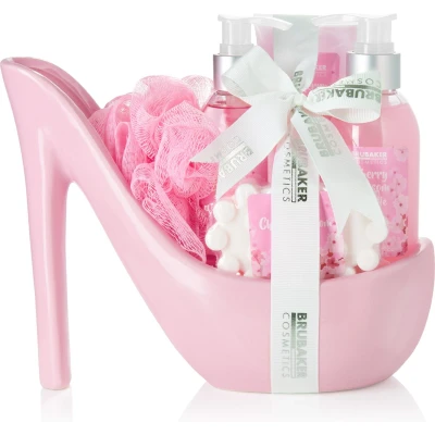 Afbeelding van BRUBAKER Cosmetics luxe kersenbloesem schoonheidsset Cadeautip Vrouw Cadeau Idee 6 delige bad en doucheset Cadeauset in keramische Pump roze Moederdag cadeautje