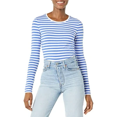 Image de Amazon Essentials T Shirt Col Rond à Manches Longues Coupe Classique (Grandes Tailles Disponibles) Women&#039;s, Bleu Blanc Rayures, M