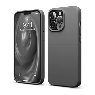 Afbeelding van elago Vloeibare siliconen hoes, compatibel met iPhone 13 Pro (6,1 inch), volledige schokbestendig, krasbestendig, zachte microvezel binnenvoering (donkergrijs)