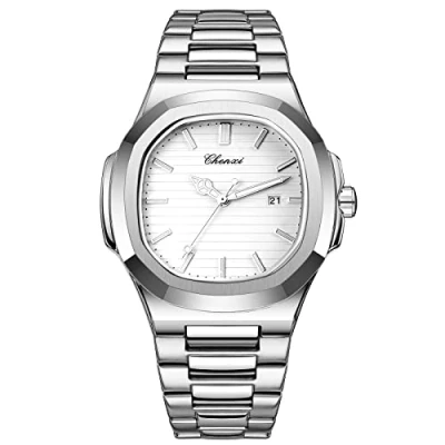 Afbeelding van JewelryWe Kwartshorloge voor heren, dameshorloge, vierkante ruitbehuizing, modieus, lichtbalkladder, lichtgevende wijzers, stevige roestvrijstalen armband, Wit., Armband