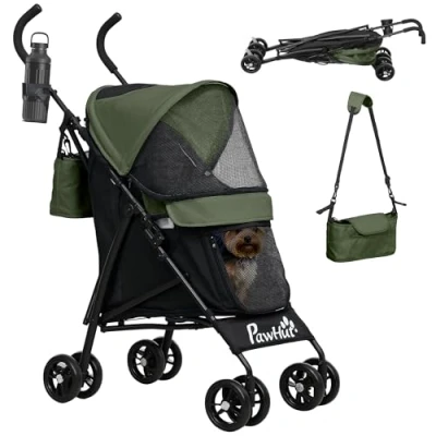 Afbeelding van PawHut Opvouwbare kinderwagen voor honden en katten met netvenster, schouderriem, opbergtas, bekerhouder, paraplu donkergroen