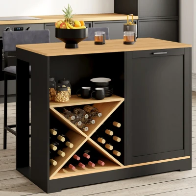 Afbeelding van VITO eilandbartafel 113 cm met zwarte houten flessenhouder en beukenlook blad