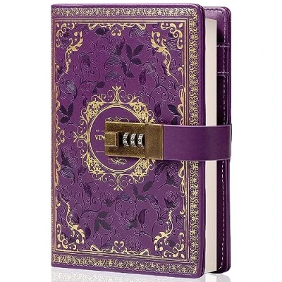 Afbeelding van Vintage lederen notitieboek met cijferslot, geheim dagboek, bloemenpatroon, reliëf, gelinieerd papier om te schrijven, cadeau voor vrouwen, meisjes en kinderen (paars)
