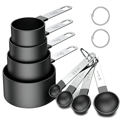 Afbeelding van HENGBIRD 8 stuks maatbekers en lepels van kunststof met roestvrijstalen handgreep, meetinstrument voor vloeistoffen vaste stoffen, het koken keukens, zwart