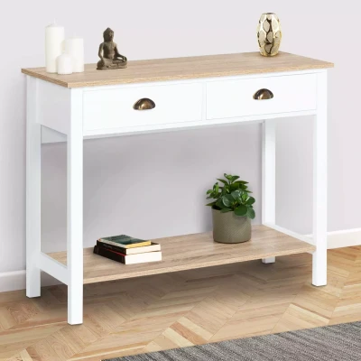 Image de Console 2 tiroirs vintage ISIS avec étagère bois et blanc