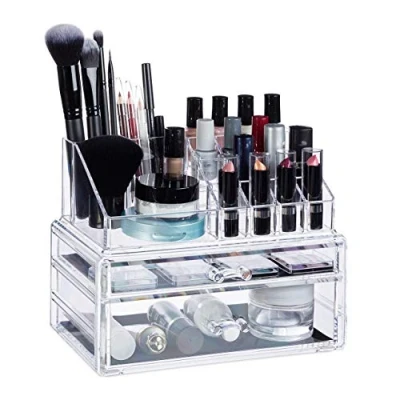 Afbeelding van Relaxdays make up organizer met 2 lades acryl toren doorzichtig 16 vakken