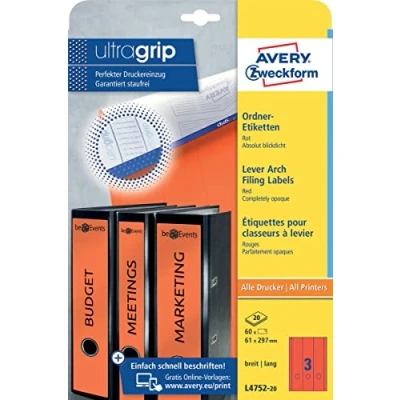 Afbeelding van Avery Zweckform L4752 20 ordnerrugetiketten ft 29,7 x 6,1 cm (b h), 60 etiketten, rood etiket