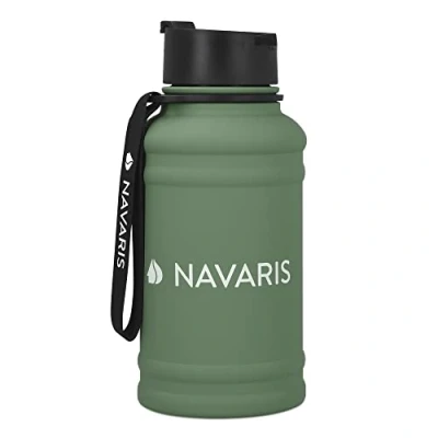 Afbeelding van Navaris fitness drinkfles 1,3 liter Lichte waterfles van roestvrij staal groen Grote RVS voor sport, fitness, yoga en kamperen