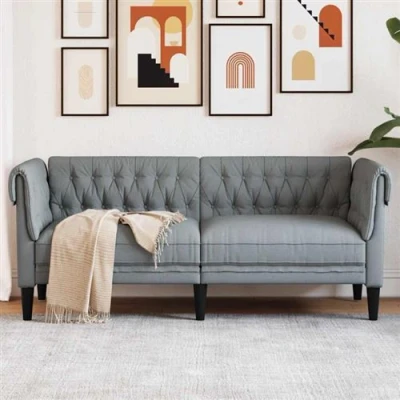 Afbeelding van Tweezitsbank Chesterfield stijl stof lichtgrijs