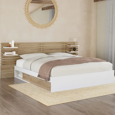 Image de Lit double SAVANA avec tête de lit, chevets, rangements et sommier 160 x 200 cm façon hêtre blanc IDMarket
