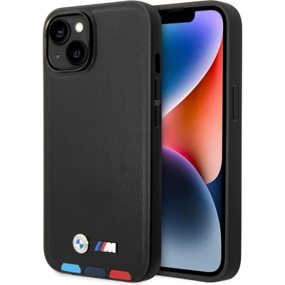Afbeelding van BMW M Line Tricolor Stamped Leather Back Case (MagSafe Compatible) Geschikt voor Apple iPhone 14 (6.1&quot;) Zwart