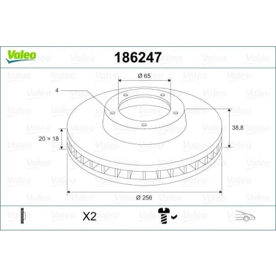 Afbeelding van VALEO 186247 Remschijf Vooras 256 20 4 Geventileerd Met schroef VOLKSWAGEN: GOLF 2, 3, Polo III Hatchback, SEAT: Arosa, TOLEDO 1