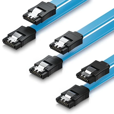 Afbeelding van deleyCON 3 x 0,5 m SATA III datakabel HDD SSD aansluitkabel één metalen clip 6 GB/s 2 rechte stekkers type L blauw