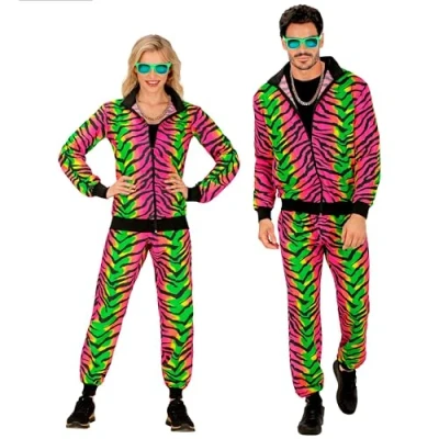 Afbeelding van Widmann Grappig &amp; Fout Kostuum Neon Raving Tiger Retro Trainingspak Groen, Roze Large Carnavalskleding Verkleedkleding