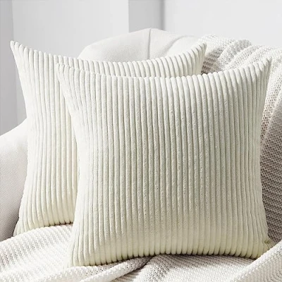 Afbeelding van Topfinel Set van 2 kleurrijke corduroy kussenslopen voor woonkamer, slaapkamer, onzichtbare ritssluiting, 45 x cm, crème