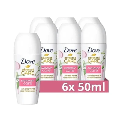 Afbeelding van Dove Advanced Care Roll On Summer Limited Edition anti transpirant deodorant met aloë vera en rozenwater geur Skin Hydration Technology technologie, 6 x 50 ml