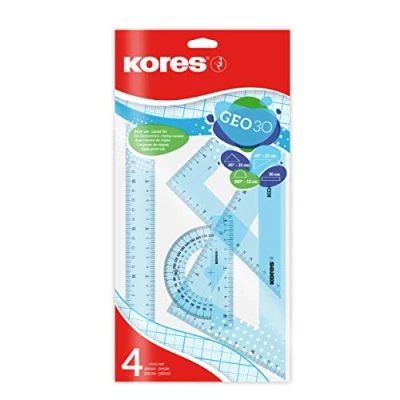 Afbeelding van Kores Geo30: 4 delige wiskundeset voor kinderen en studenten, kunststof geometrieset met liniaal, gradenboog hoek, schoolbenodigdheden, kleurset