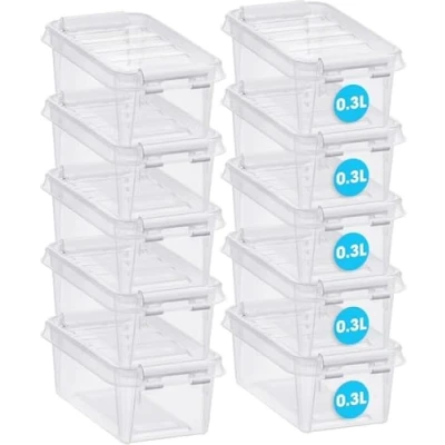 Image de SmartStore Lot de 10 petites boîtes rangement en plastique transparent avec couvercles empilables et emboîtables 0,3 l Qualité alimentaire sans BPA Verrouillage par clip 15 x 9 6 cm