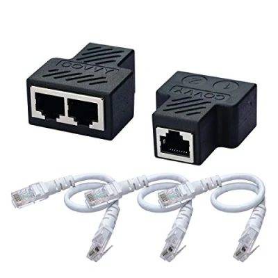Afbeelding van COVVY RJ45 netwerksplitteradapter, 1 bus naar 2 vrouwelijke Cat 5/Cat 6 netwerkaansluitingen Ethernet LAN splitter adapterkabel dubbele stekker (2 stuks + 3 kabels)