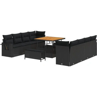 Afbeelding van vidaXL 11 Delige Tuin Sofa Set met Kussens Zwart Poly Rattan Acacia, 3 Eettafel Acacia