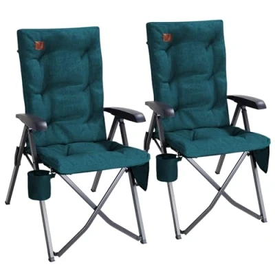 Afbeelding van EVER ADVANCED Opvouwbare campingstoel met rugleuning in 4 standen verstelbaar tot 150 kg, 6 cm dik, gestoffeerd, zijvak, bekerhouder, tuinstoel, hoge rugleuning, stoel