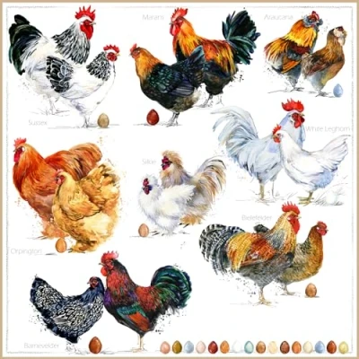 Afbeelding van Set van 20 servetten verschillende soorten kippen dieren boerderij Pasen tafeldecoratie decoupage servettechniek 33 x cm