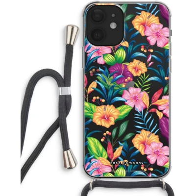 Afbeelding van Case Company® hoesje met Koord geschikt voor iPhone 12 mini Tropisch 2 Telefoonhoesje Zwart Extra Bescherming aan alle Kanten en Over de Schermrand