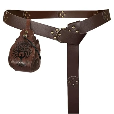 Afbeelding van HiiFeuer Middeleeuwse O ring riem met draagbare zak trekkoord, retro renaissance kunstleer en handtas voor LARP &amp; Ren Faire, bruin
