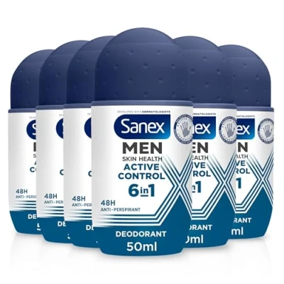 Afbeelding van Sanex Men Active Control Deodorant, 6 stuks, 50 ml, 48 uur bescherming tegen zweet, geurremmend, langdurig, fris, huidvriendelijk, antibacterieel, 0%