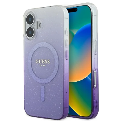 Afbeelding van Guess Hoesje Geschikt voor iPhone 16 MagSafe IML Case Glitter Gradient paars