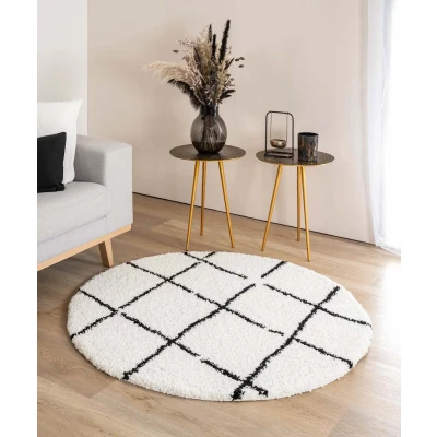 Afbeelding van Rond Hoogpolig Vloerkleed Ruiten Artisan Wit/zwart 80 Cm
