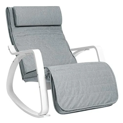 Afbeelding van SONGMICS berkenhouten schommelstoel, relaxfauteuil, voetsteun in 5 standen verstelbaar, witte armleuningen, grijze imitatielinnen hoes, elegant, tot 150 kg belastbaar LYY11WG