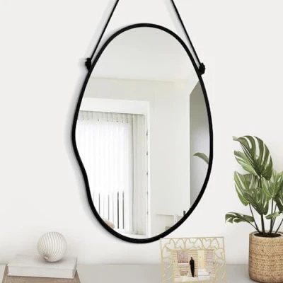 Afbeelding van Gosider Onregelmatige wandspiegel met zwart frame Asymmetrische spiegel voor badkamer, woonkamer, slaapkamer, hal, moderne unieke artistieke decoratieve om op te hangen