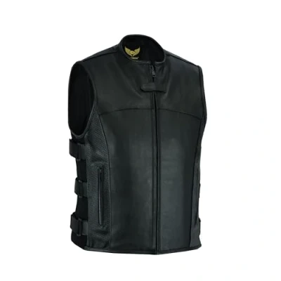 Afbeelding van Leatherick Warrior Tactisch leren vest voor heren met pistoolzakken en perforatie op de klep, zwart (M)