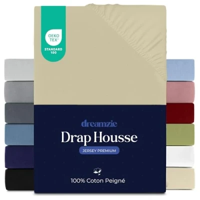 Image de Dreamzie Drap Housse 180x200 cm, Jersey 100% Coton Premium, Hauteur De Matelas Jusqu&#039;à 27 Hypoallergénique, Oeko Tex, Beige