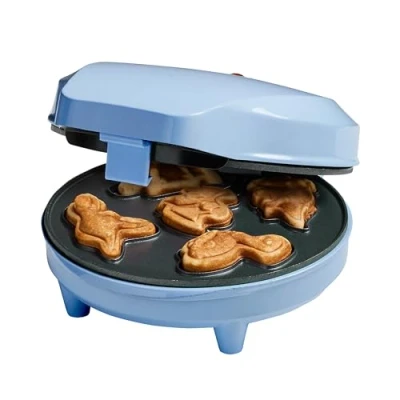 Afbeelding van Bestron Wafelijzer voor mini dino Cookies, Cakemaker cakes, met bakindicatielampje &amp; antiaanbaklaag, 700 Watt, kleur: blauw