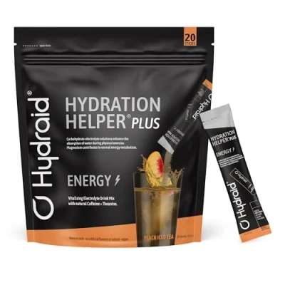 Afbeelding van Hydraid Hydration Helper® Plus Energy Koude perzikthee, elektrolytenpoeder met cafeïne, meer energie en concentratie, 20 zakjes groene thee extract theanine