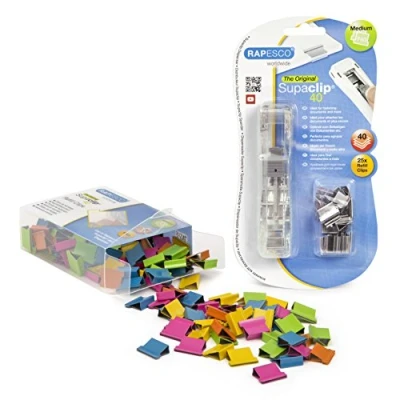 Afbeelding van Rapesco 1299A Supaclip 40 set, dispenser met 25 roestvrijstalen klemmen en 150 in verschillende kleuren