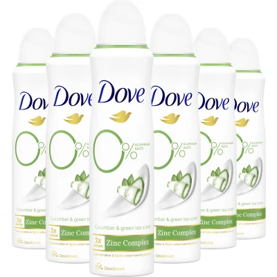 Afbeelding van Dove 0% Aluminiumzouten Deodorant Spray Cucumber &amp; Green Tea bevat het 2x Action Zinc Complex met Zap technologie 6 x 150 ml