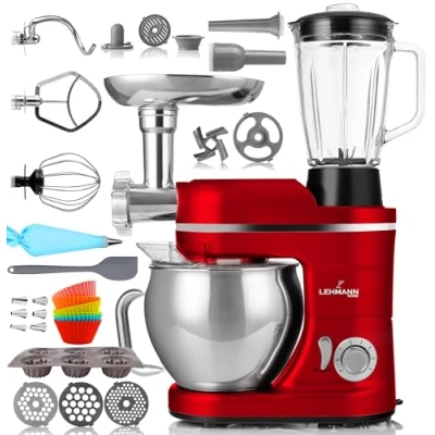 Afbeelding van Lehmann 3 in 1 multifunctionele keukenmachine, 3000 W, kneedmachine en mixer met vleesmolen 1,5 liter sapcentrifuge, planetair systeem, worstset, muffinvormen set
