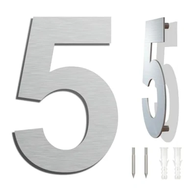 Afbeelding van Modern huisnummer 152 mm hoog, gemaakt van geborsteld 304 roestvrij staal, zwevende look en eenvoudig te installeren (nummer 5 Vijf)