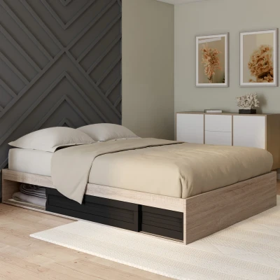 Afbeelding van Cadre de lit SALEM avec rangements et sommier 140 x 190 cm effet bois noir