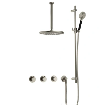 Afbeelding van Hotbath Cobber Regendoucheset IBS70 Geborsteld Nikkel Ronde handdouche 30cm Hoofddouche Plafondbuis Handouche met glijstang