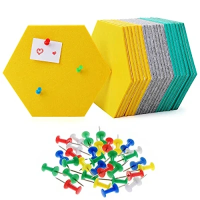 Afbeelding van HonGien 21 stuks kurkbord, zelfklevend, zeshoekig, met 30 veelkleurige punaises, voor wanddecoratie, knutselen, thuiskantoor (meerblauw, geel, grijs)