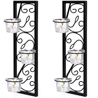 Afbeelding van Belle Vous 2 Pak Zwart IJzeren Wandkandelaars H35,2 cm Gemonteerde Kaarsen Houder Hangende Theelichten Pilaar voor Woonkamer, Badkamer, Dinerkamer &amp; Bruiloft Decoratie